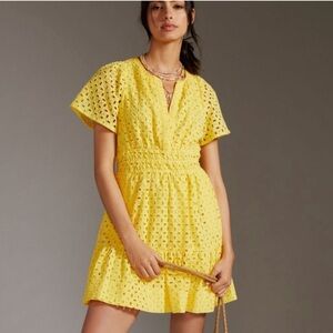 Anthropologie Somerset Yellow Eyelet V-Neck Mini Dress